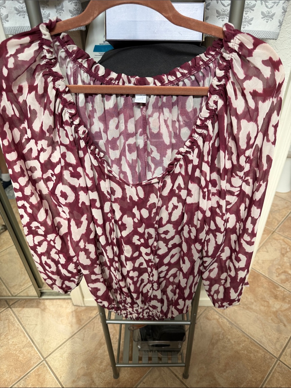 New York & Company Berry and Cream Animal Print Peasant Blouse